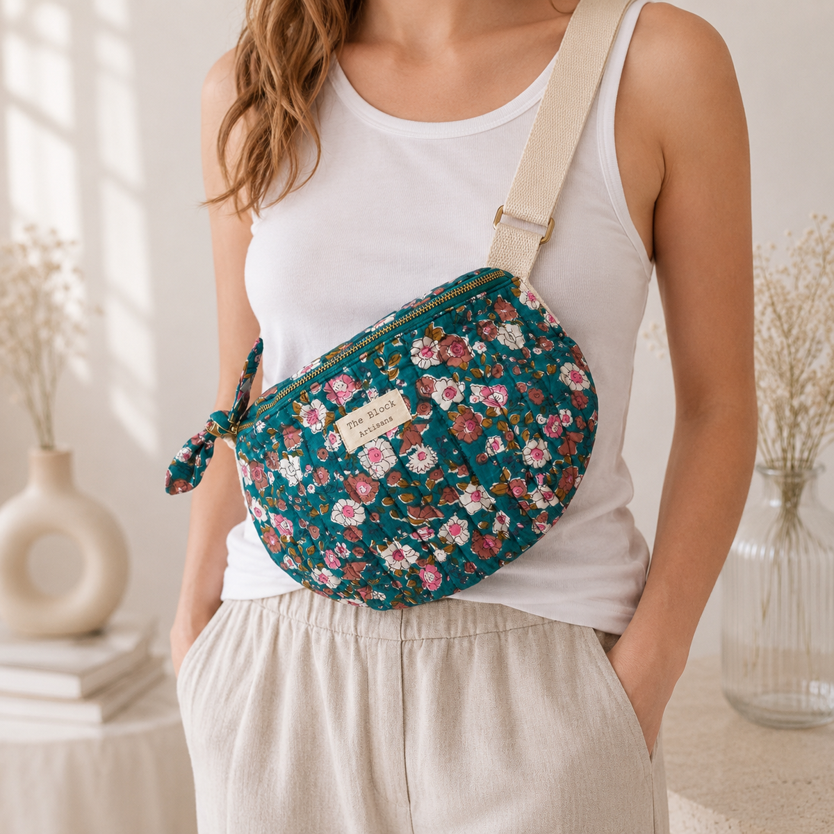 Turquoise Bloom Floral Banana Bag Fanny Packs