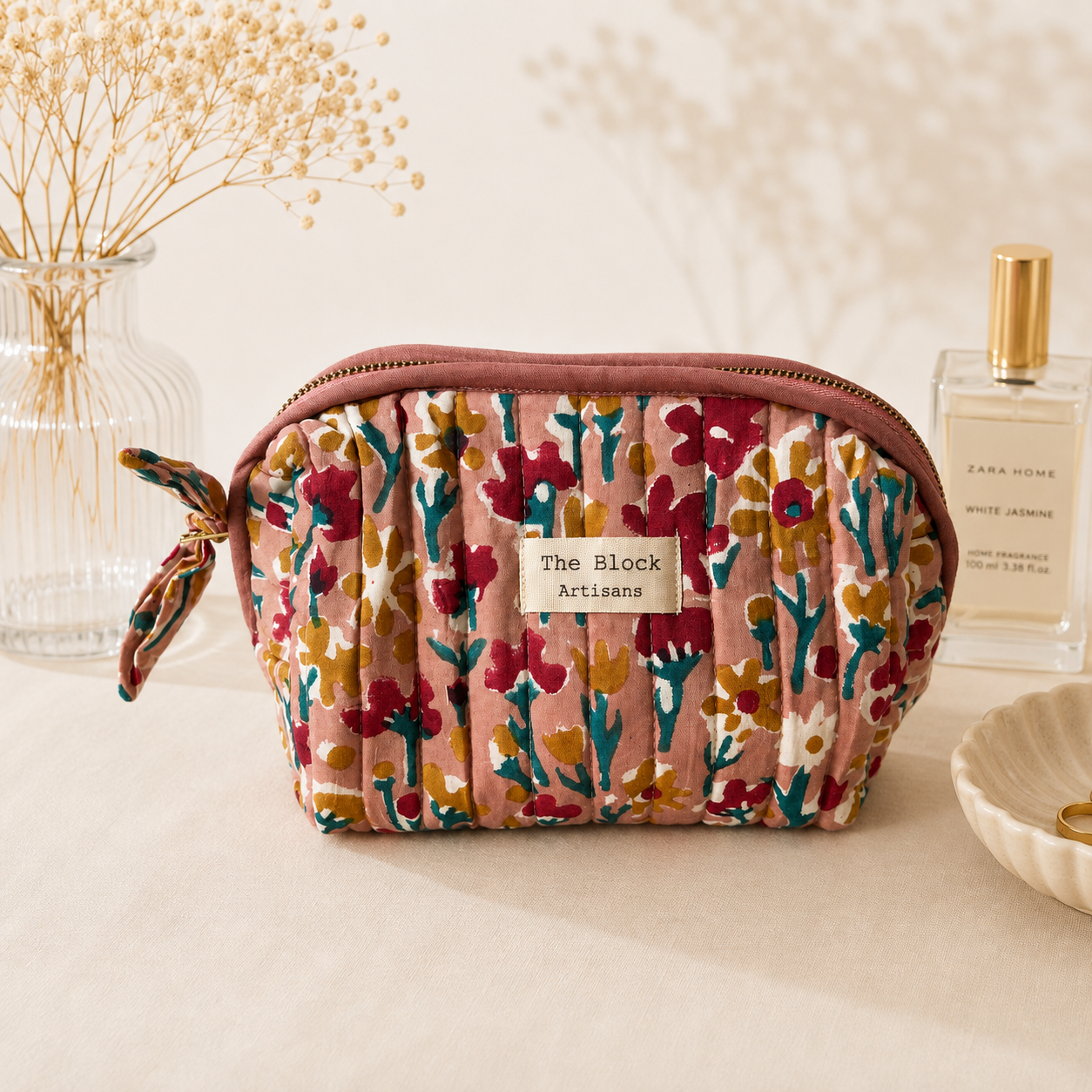Festiva; Mosaic Hand block printed quilted cotton toiletry bag by The Block Artisans.
