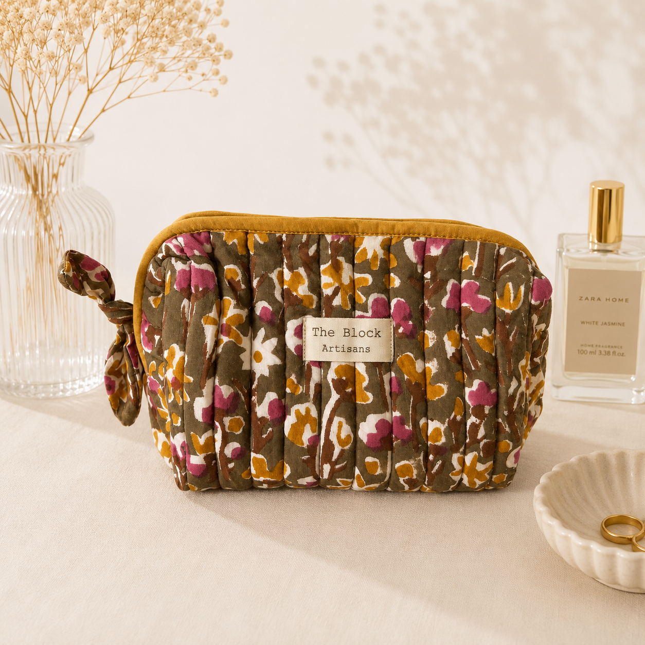 Olive Garden Hand block printed quilted cotton toiletry bag by The Block Artisans.