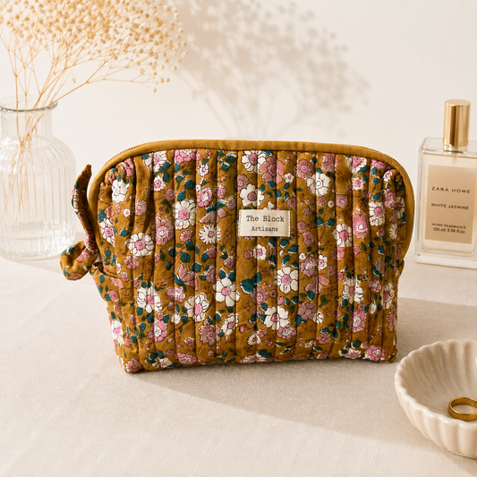 Golden Marigold Floral Toiletry Bag — Travel Storage Inspired by Jaipur Craft