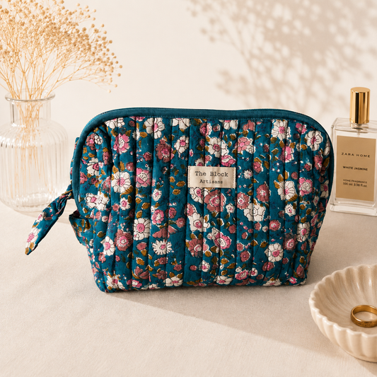 Turquoise Bloom Floral Toiletry Bag — Travel Organisation with Artisan Style