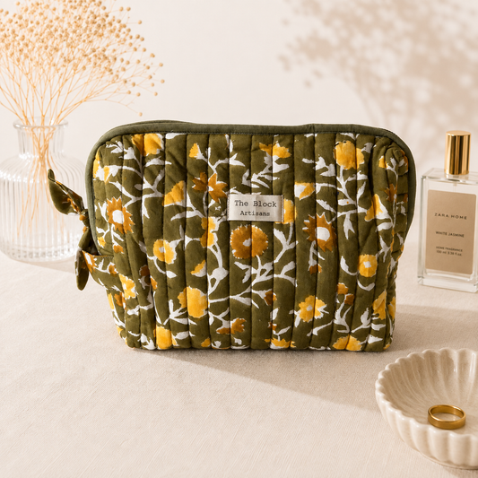 Golden Meadow Floral Toiletry Bag — Travel Storage with Handcrafted Elegance