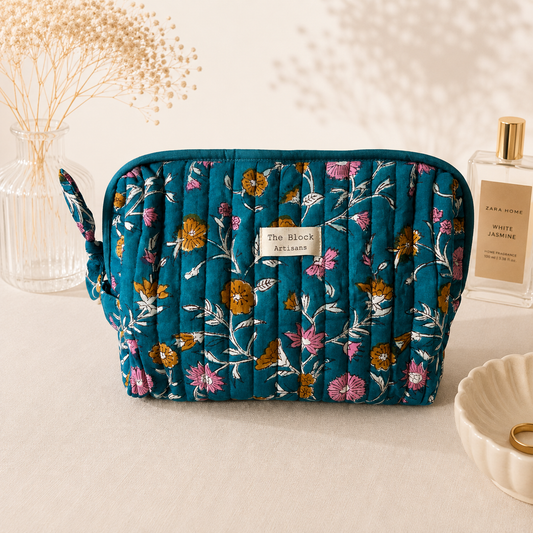 Blue Garden Bloom Toiletry Bag — Travel Storage with Vibrant Artisan Craft