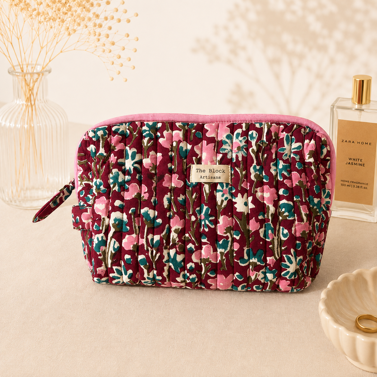 Berry Garden Large Hand block printed quilted cotton toiletry bag by The Block Artisans.