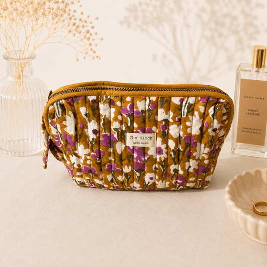 Golden Wildflower Bloom Toiletry Bag — Travel Storage with Handcrafted Charm