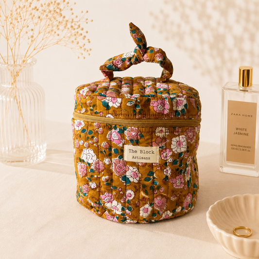 Golden Marigold Floral Vanity Bag — Organised Beauty with Artisan Detail