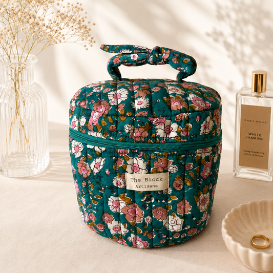 Turquoise Bloom Floral Vanity Bag — Elegant Beauty Storage with Artisan Detail