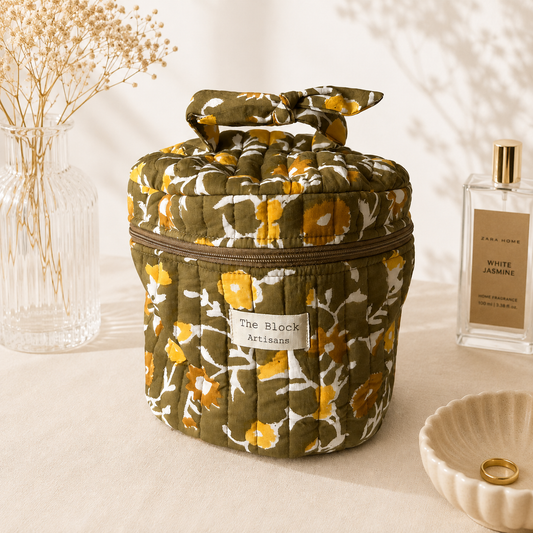 Golden Meadow Floral Vanity Bag — Beauty Organisation with Artisan Craft