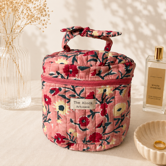 Coral Garden Floral Vanity Bag — Organised Beauty with Handcrafted Elegance