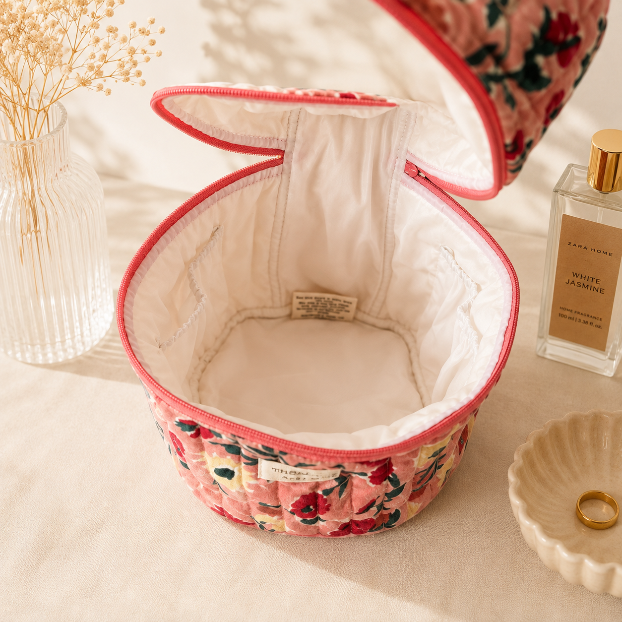 Coral Garden Floral Vanity Bag — Organised Beauty with Handcrafted Elegance
