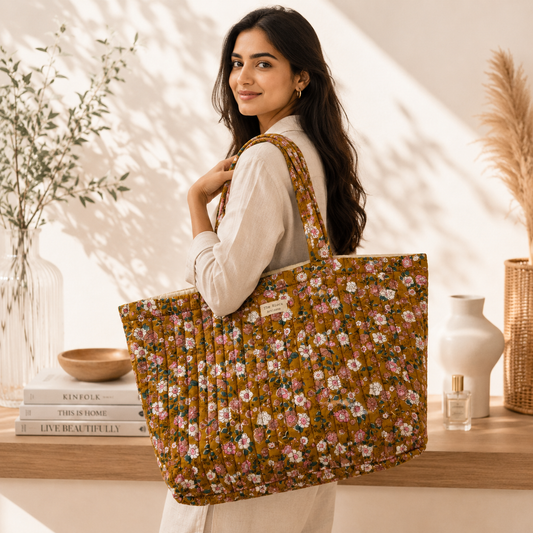 Golden Marigold Floral Tote Bag — Spacious Craft for Everyday Living