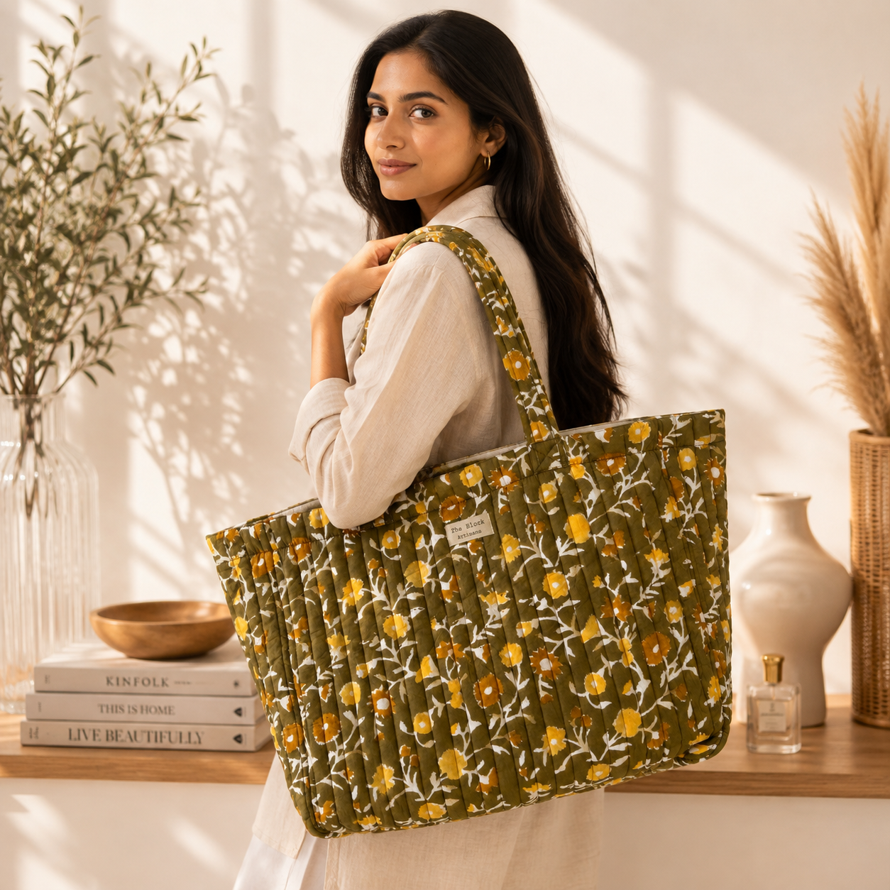 Golden Meadow Hand block printed quilted cotton tote bag in  floral print by The Block Artisans.