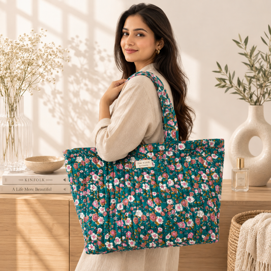 Turquoise Bloom Floral Tote Bag — Spacious Craft with Bold Floral Charm