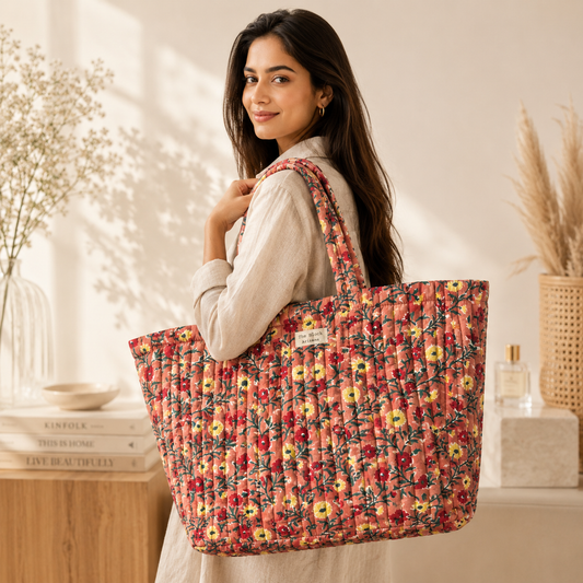 Coral Garden Floral Tote Bag — Spacious Carry with Vibrant Artisan Charm