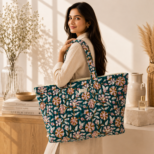 Turquoise Meadow Bloom Tote Bag — Spacious Carry with Botanical Artisan Charm