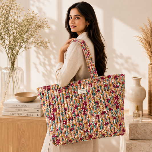 Terracotta Meadow Floral Tote Bag — Spacious Carry with Botanical Artisan Charm