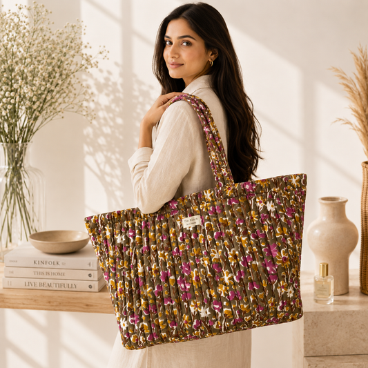 Olive Garden Bloom Tote Bag — Spacious Carry with Botanical Artisan Charm