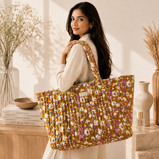 Golden Wildflower Bloom Tote Bag — Spacious Carry with Botanical Artisan Charm