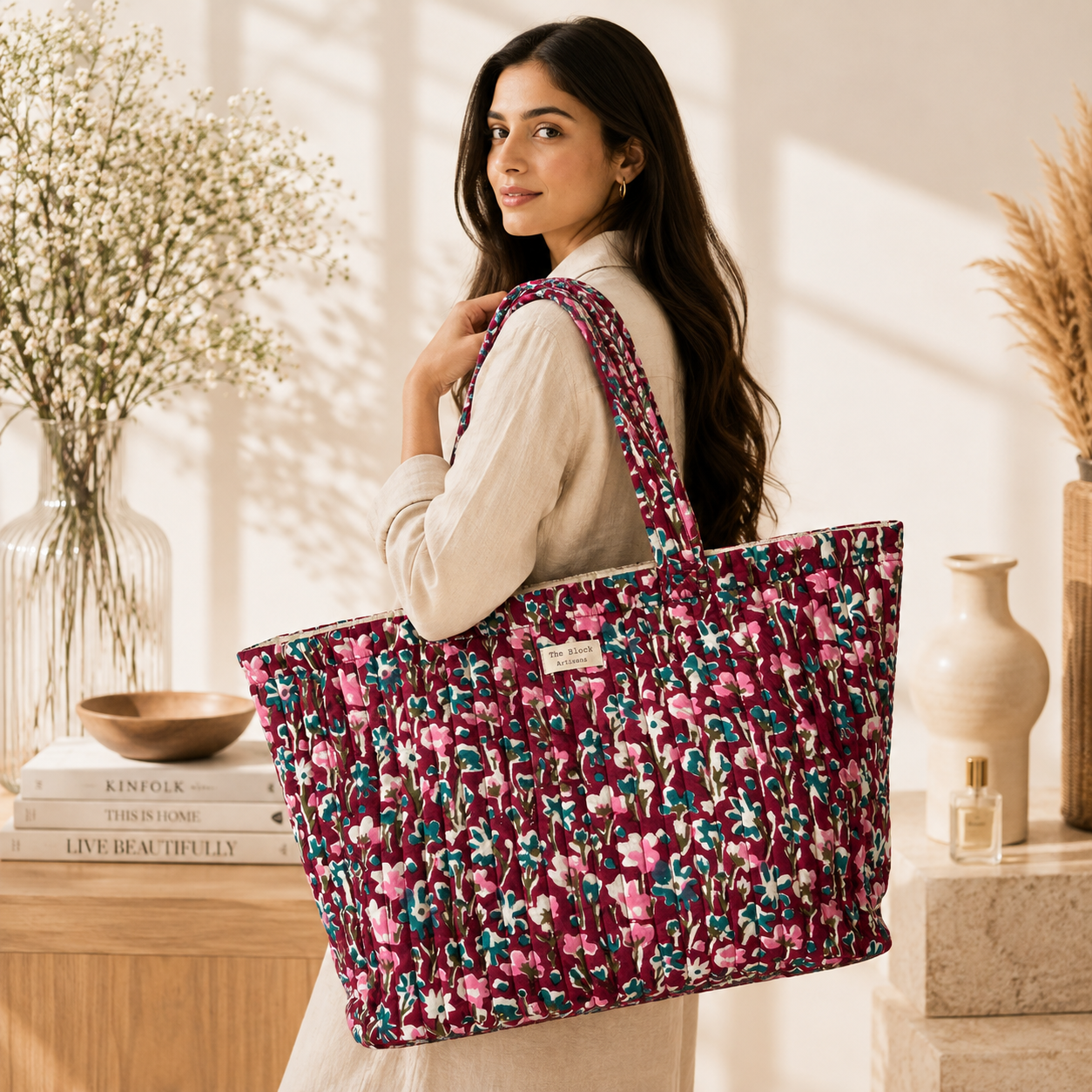 Berry Garden Hand block printed quilted cotton tote bag in  floral print by The Block Artisans.