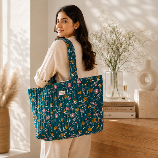 Blue Garden Bloom Tote Bag — Spacious Carry with Botanical Artisan Charm